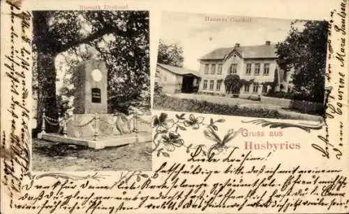 Ak Husbyries Husby in Angeln, Bismarckdenkmal, Hansens Gasthof