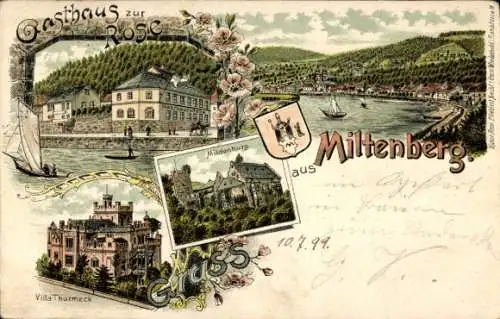 Litho Miltenberg am Main Unterfranken, Gasthaus zur Rose, Mildenburg, Villa Thurmeck