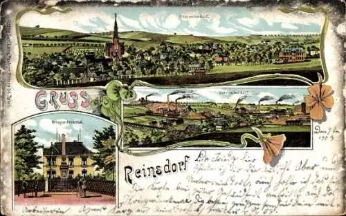 Litho Reinsdorf in Sachsen, Panorama Oberreinsdorf, Panorama Unterreinsdorf, Kriegerdenkmal