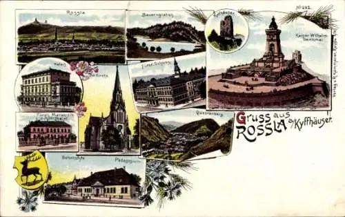 Litho Roßla am Harz, Kirche, Palais, Marienstift, Pädagogium, Schloss, Kyffhäuser Denkmal