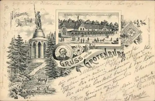 Litho Detmold in Westfalen, Grotenburg, Hermannsdenkmal, Gasthof zum Hermannsdenkmal