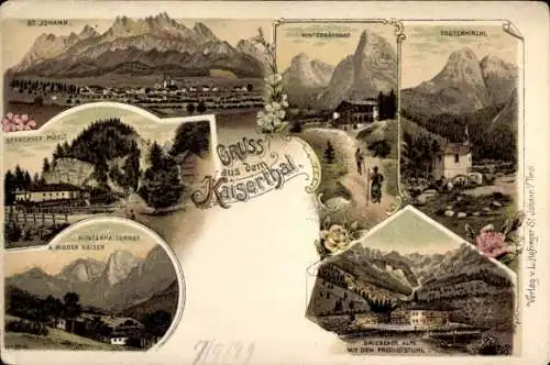 Litho Sankt Johann in Tirol, Kaisertal, Wilder Kaiser, Hinterkaiserhof, Hinterbärenbad