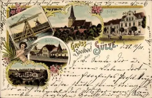 Litho Bad Sülze in Mecklenburg, Kirche, Markt, Bahnhof, Gleisseite