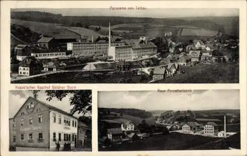 Ak Tettau in Oberfranken, Porzellanfabrik, Gasthaus Goldner Stern, Panorama