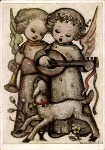 Künstler Ak Hummel, B., Ostern, Musizierende Engel, Weidenkätzchen, Lamm