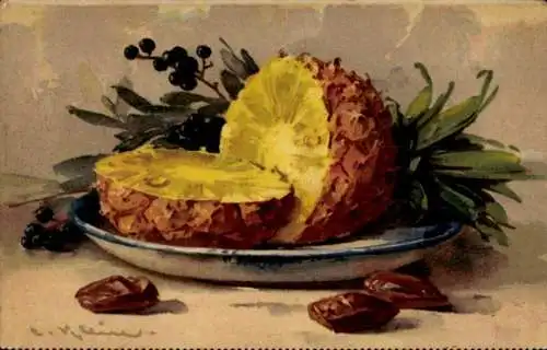 Künstler Ak Klein, C., Obst, Ananas auf dem Teller, Nüsse