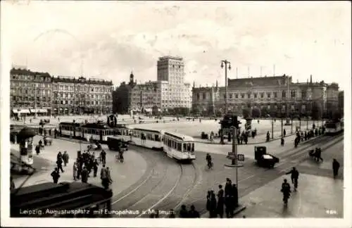 Ak Leipzig in Sachsen, Augustusplatz, Europahaus, Museum, Tram