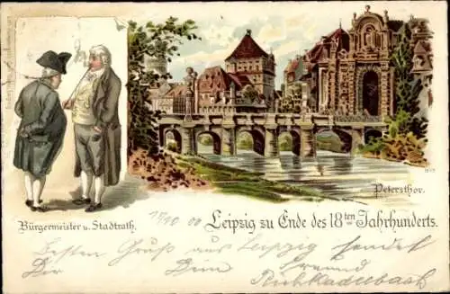 Litho Leipzig in Sachsen, Bürgermeister, Stadtrat, Peterstor, Ende XVIII. Jahrhunderts