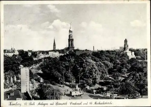 Ak Hamburg Mitte St. Pauli, Anlagen mit Bismarckdenkmal und Sankt Michaeliskirche