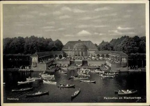 Ak Hamburg Nord Winterhude, Seeblick auf das Parkcafé im Stadtpark