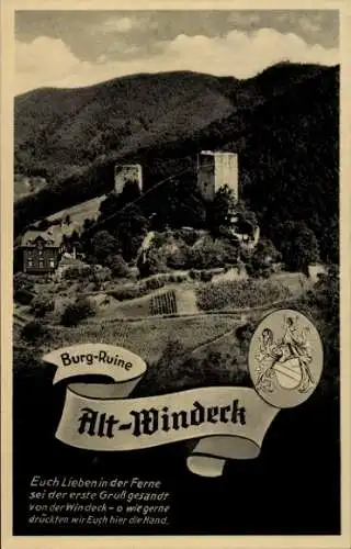 Ak Bühl in Baden Schwarzwald, Burg Alt Windeck, Gedicht, Fliegeraufnahme