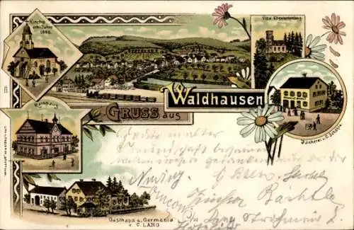 Litho Waldhausen Lorch im Remstal, Bäckerei, Gasthaus Germania, Rathaus, Kirche