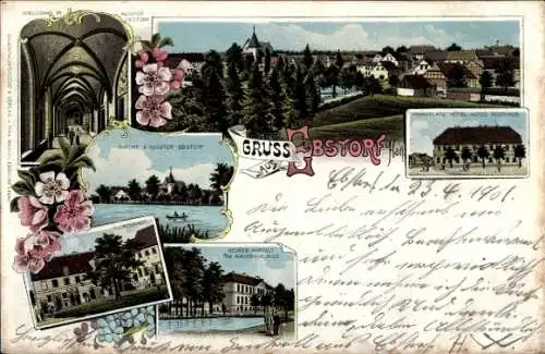 Litho Ebstorf in der Lüneburger Heide, Kirche, Kloster, Marktplatz, Hotel Altes Posthaus