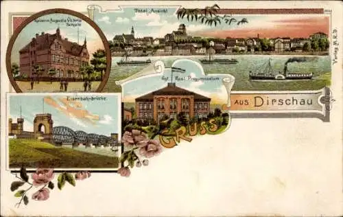 Litho Tczew Dirschau Pommern, Real-Progymnasium, Eisenbahnbrücke, Schule