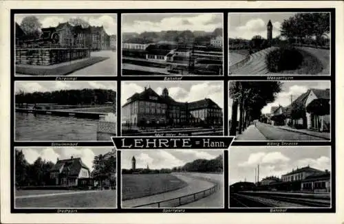 Ak Lehrte in Niedersachsen, Bahnhof, Schwimmbad, Wasserturm, Ehrenmal