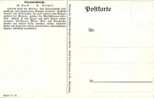 Künstler Ak Deutsche Kolonie, Überfall-Gefecht, Soldaten in Uniformen