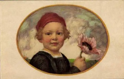 Künstler Ak von Zumbusch, Ludwig, Bayerischer Blumentag 1913, Junge mit Mohnblüte