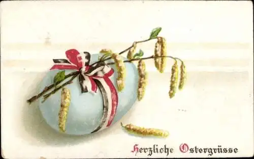 Ak Glückwunsch Ostern, Osterei mit Zweig und Band