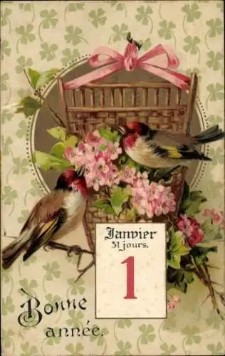 Ak Glückwunsch Neujahr, Kalenderblatt, Vögel, Blumen