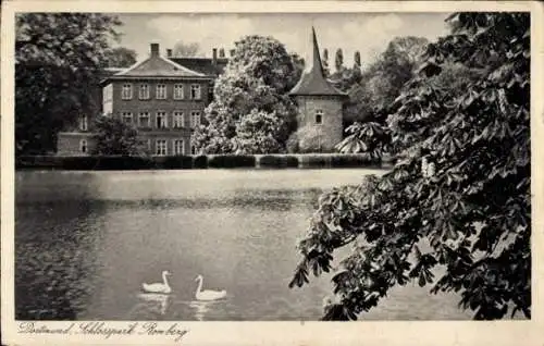 Ak Dortmund im Ruhrgebiet, Schlosspark Romberg, Schwäne, Blick auf Schloss