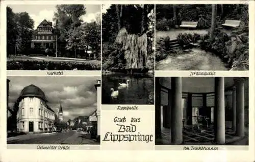 Ak Bad Lippspringe in Westfalen, Kurhotel, Jordanquelle, Rippequelle, Detmolder Straße, Trinkbrunnen