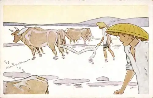 Künstler Ak Vietnam, Reis aus Indochina, Pflügen der Reisfelder