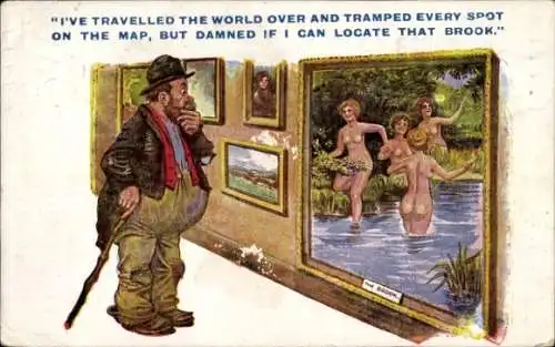 Ak Mann bewundert ein Bild, Nackte badende Frauen