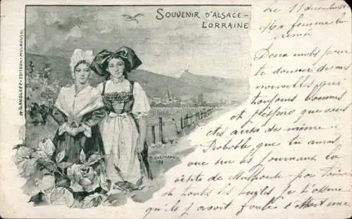 Künstler Litho Elsässerin und Lothringerin in Trachten, Blumen