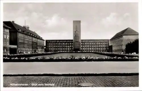 Ak Wilhelmshaven, Rathaus, Vorderansicht, Turm, Teichanlage