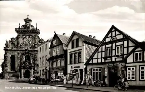 Ak Bückeburg im Kreis Schaumburg, Langestraße, Stadtkirche, Geschäfte