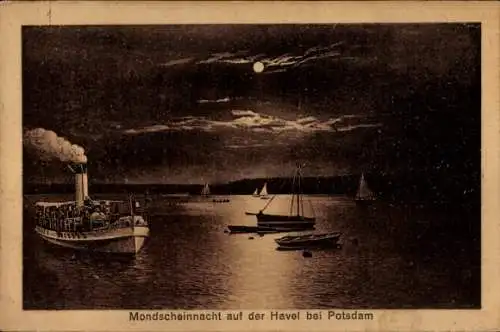 Ak Potsdam, Mondscheinnacht auf der Havel, Dampfer, Boote