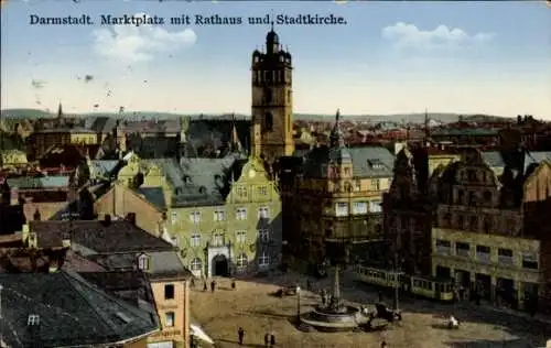 Ak Darmstadt in Hessen, Marktplatz, Rathaus, Stadtkirche