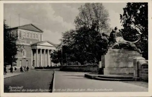 Ak Darmstadt in Hessen, Denkmal des Leibgarde-Regiments Nr. 115, Hessisches Landestheater