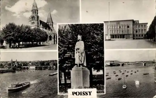 Ak Poissy Yvelines, Kirche, Rathaus, alte und neue Brücke, Statue Saint Louis