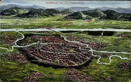 Landkarten Ak Strasbourg Straßburg Elsass Bas Rhin, Totale aus der Vogelschau