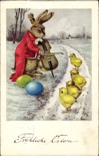 Ak Glückwunsch Ostern, Vermenschlichter Hase mit Cello, Küken
