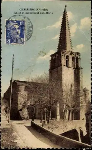 Ak Chassiers Ardèche, Kirche, Monument aux Morts