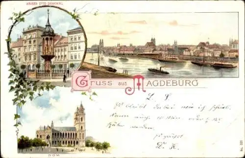 Litho Magdeburg, Gesamtansicht, Dom, Kaiser Otto Denkmal