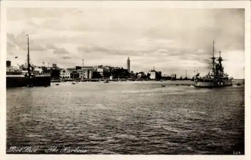 Ak Port Said Ägypten, Hafen, Kriegsschiff