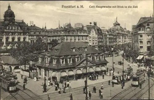 Ak Frankfurt am Main, Cafe Hauptwache mit Blick in die Zeil, Straßenbahnen