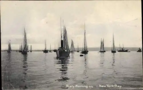 Ak New York City USA, Misty Morning on New York Bay, Boats