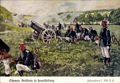 Künstler Ak Döbrich-Steglitz, Fußartillerie 7, Schwere Artillerie in Feuerstellung