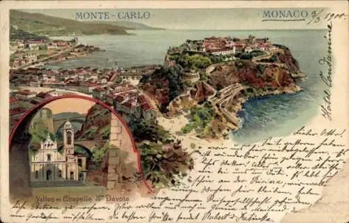 Litho Monte Carlo Monaco, Vallon et Chapelle St. Devote, Stadtansicht, Vogelblick