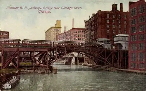 Ak Chicago Illinois USA, Erhöhte RR Jackknife Bridge über den Chicago River