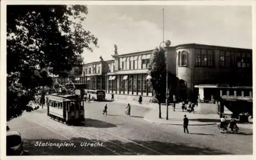 Ak Utrecht Niederlande, Stationsplein, Straßenbahn