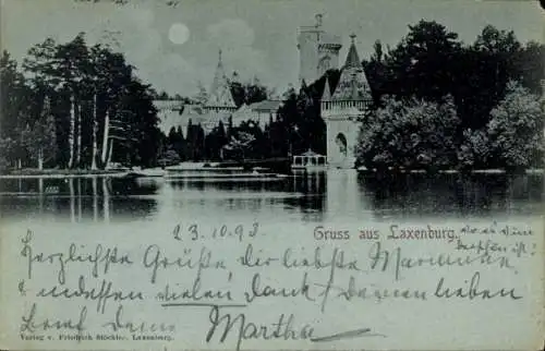 Mondschein Ak Laxenburg in Niederösterreich, Türme am Wasser bei Nacht