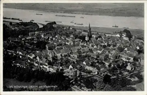 Ak Orsoy Rheinberg am Niederrhein, Fliegeraufnahme, Panorama, Schiffe