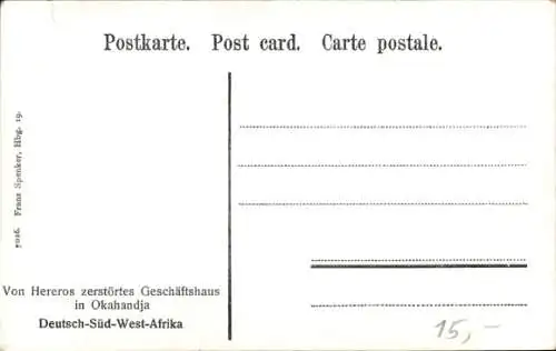 Ak Okahandja Namibia, Von Hereros zerstörtes Geschäftshaus