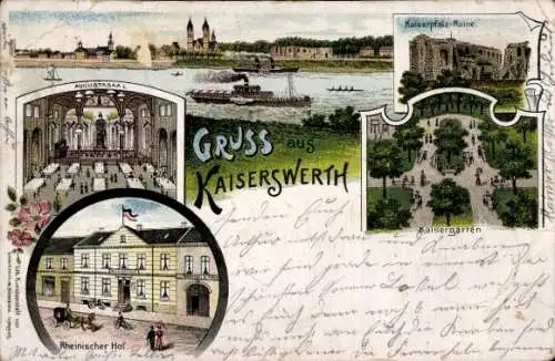 Litho Kaiserswerth Düsseldorf am Rhein, Kaiserpfalz Ruine, Kaisergarten, Hotel Rheinischer Hof