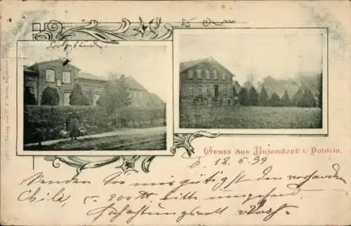 Ak Bujendorf Süsel in Holstein, Teilansichten, Postgebäude, Frau mit Tragjoch